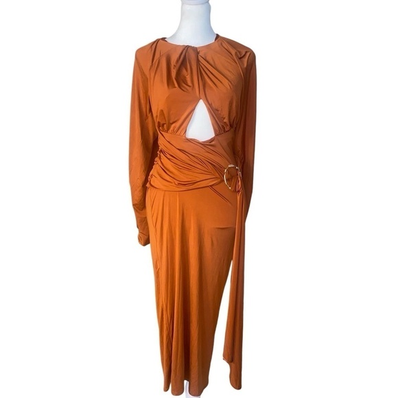 NWT ASOS Design Glam Volume Sleeve Cut Out Ring Detail Midi Dress Rust Size 4 - Picture 5 of 9